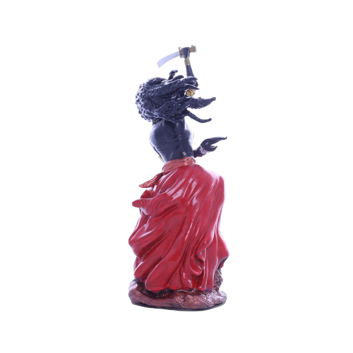 Hand-crafted Terreiro Chão de Oya resin statue of Yansa Orixá featuring a flowing red skirt and raised silver sword.