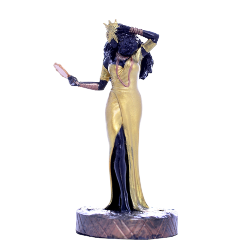 Terreiro Chão de Oya handmade resin statue of Oxum wearing a gold dress and crown while holding a hand mirror