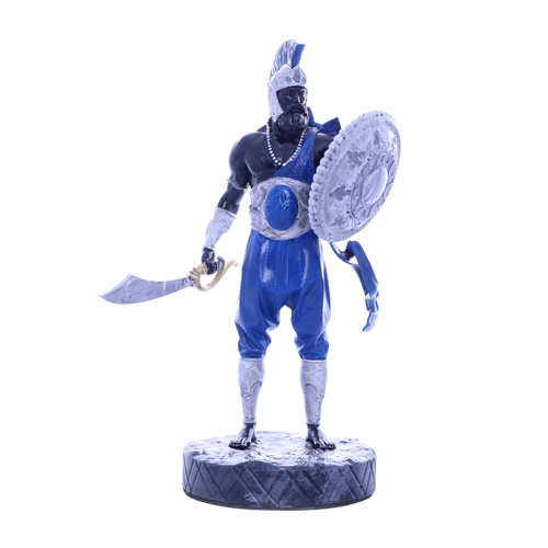 Terreiro Chão de Oya handmade resin statue of Ogum Orixá in blue and silver with sword and shield on a round base