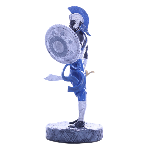 Terreiro Chão de Oya hand-crafted resin statue of Ogum Orixá in blue and silver with shield and sword, side view