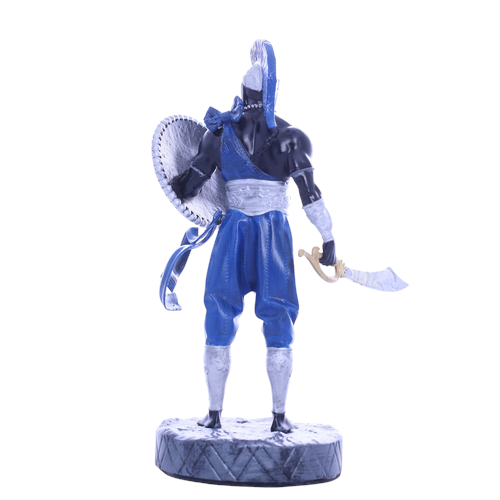 Terreiro Chão de Oya hand-crafted resin statue of Ogum Orixá in blue and silver attire holding a sword and shield