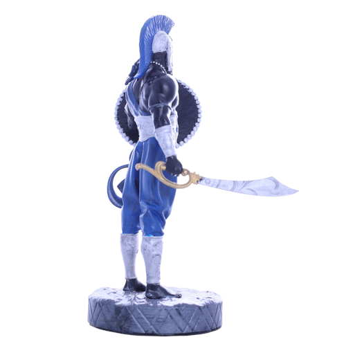Terreiro Chão de Oya hand-crafted resin statue of Ogum Orixá, side view showing blue trousers, sword, and shield.