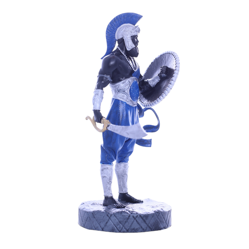 Terreiro Chão de Oya hand-crafted resin statue of Ogum Orixá in blue and silver, featuring a sword and shield.