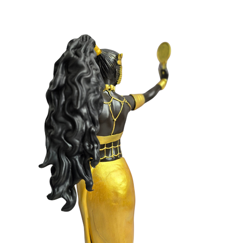 Terreiro Chão de Oya hand-crafted resin statue of Oxum Orixá featuring black skin, long wavy hair, and gold accents.