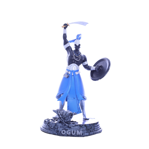 Terreiro Chão de Oya handmade resin statue of Ogum Orixá featuring a blue skirt, silver sword, and shield.