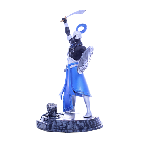 Terreiro Chão de Oya hand-crafted resin statue of Ogum Orixá in blue and silver with sword and shield