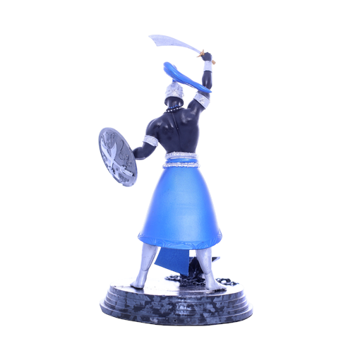 Terreiro Chão de Oya handmade resin statue of Ogum Orixá in blue and silver, viewed from the back.