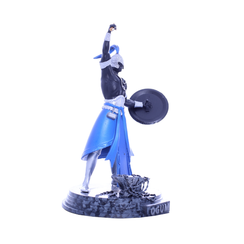 Terreiro Chão de Oya hand-crafted resin statue of Ogum Orixá in blue and black with shield and sword