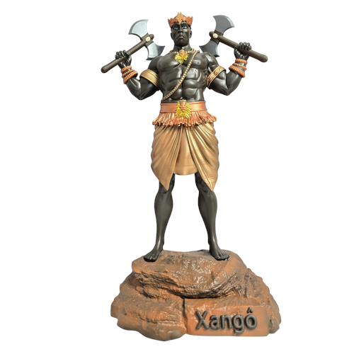 Terreiro Chão de Oya hand-crafted resin statue of Xango Orixá featuring gold accents and double axes on a rock base.