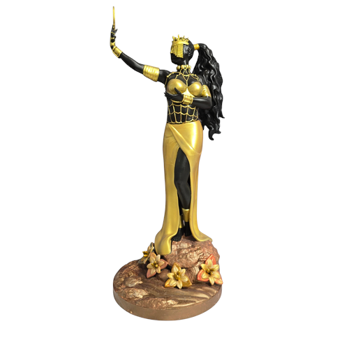 Terreiro Chão de Oya hand-crafted resin statue of Oxum Orixá in black and gold with intricate crown and floral base.