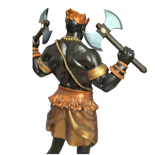 Terreiro Chão de Oya handcrafted resin statue of Xango Orixá holding double axes, featuring metallic gold and bronze