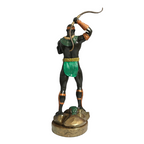 Terreiro Chão de Oya handmade resin statue of Oxossi Orixá, back view showing bow, green loincloth, and gold details.