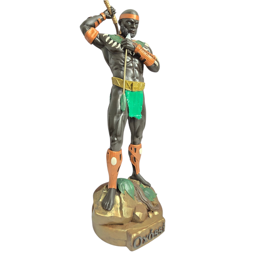 Terreiro Chão de Oya handcrafted resin statue of the Orixá Oxossi, featuring detailed hunting attire and base.