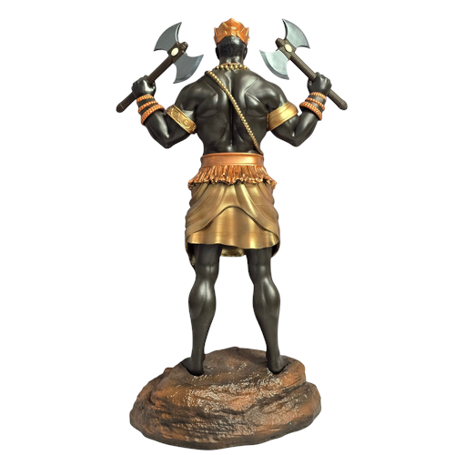 Terreiro Chão de Oya hand-crafted resin statue of Xango Orixá holding two axes, featuring gold and black details.