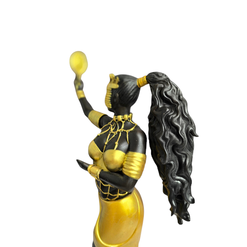 Terreiro Chão de Oya handmade resin statue of Oxum Orixá featuring black and gold details and a long ponytail