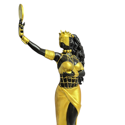 Terreiro Chão de Oya hand-crafted resin statue of Oxum Orixá featuring gold accents, a mirror, and intricate details.