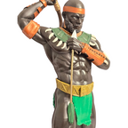 Terreiro Chão de Oya hand-crafted resin statue of Oxossi Orixá featuring a bow, arrow, and traditional green attire.