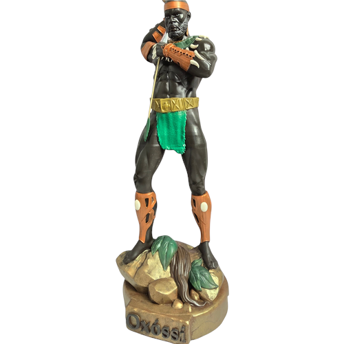 Terreiro Chão de Oya handmade resin statue of Oxossi Orixá featuring a bow and arrow on a rocky base