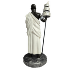 Terreiro Chão de Oya hand-crafted resin statue of Oxalá Orixá in white robes holding an opaxoró staff, rear view.