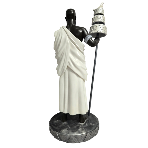 Terreiro Chão de Oya hand-crafted resin statue of Oxalá Orixá in white robes holding an opaxoró staff, rear view.
