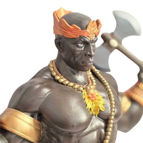 Terreiro Chão de Oya handcrafted resin statue of Xango Orixá featuring a detailed crown, necklace, and double axe.