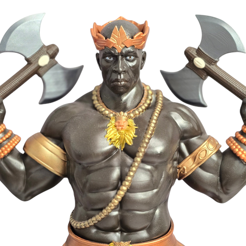Terreiro Chão de Oya hand-crafted resin statue of Xango Orixá holding two double-headed axes with gold accents.