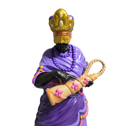 Terreiro Chão de Oya hand-crafted resin statue of Nana Orixá in purple robes with gold crown and ceremonial ibiri