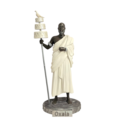 Terreiro Chão de Oya hand-crafted resin statue of Oxalá wearing white robes and holding an opaxorô staff with a dove.