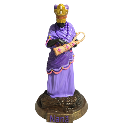 Terreiro Chão de Oya hand-crafted Nana Orixá resin statue in purple robes with gold crown and ibiri staff