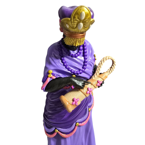 Terreiro Chão de Oya Nana Orixá resin statue in purple robes with gold crown and beaded necklace, handmade design.