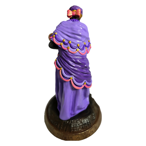 Terreiro Chão de Oya Nana Orixá resin statue in purple with pink bow and gold trim, back view of handmade figurine.
