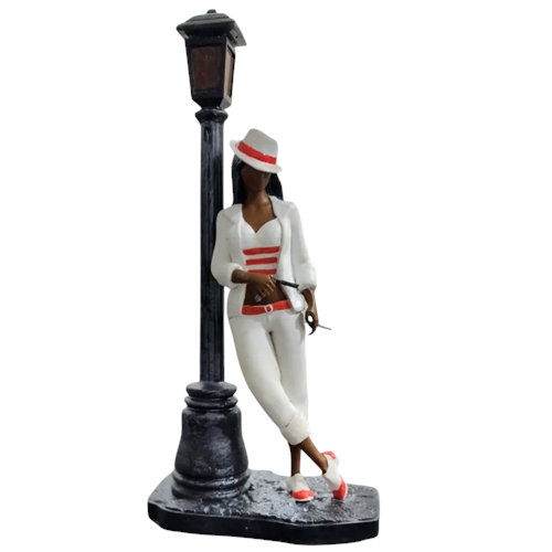 Terreiro Chão de Oya Maria Navalha resin statue, hand-crafted figure in white suit and hat leaning on a lamp post.